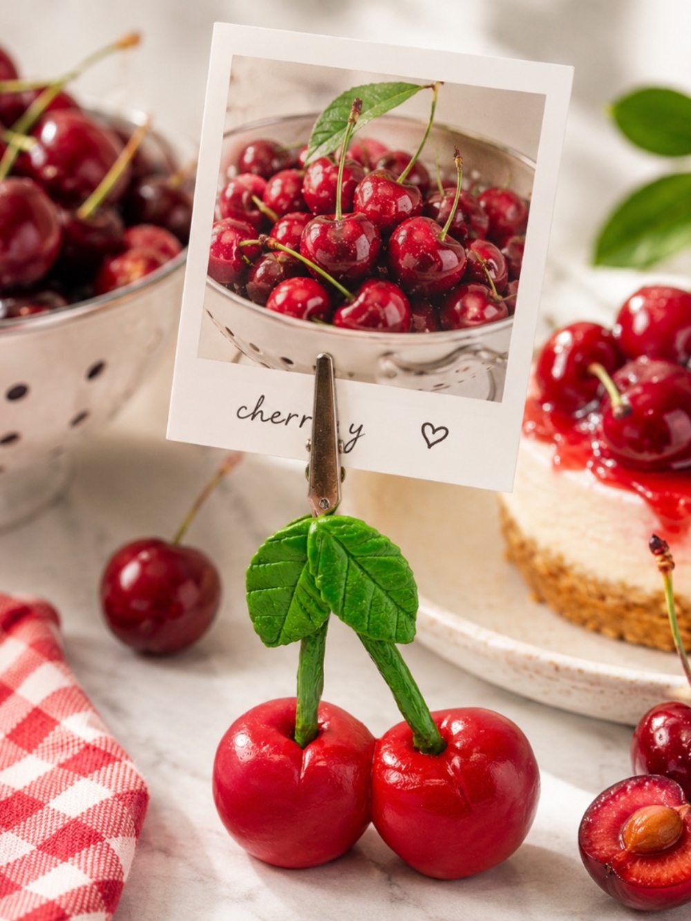 Cherry Photo Holder | Handmade Red Cherries Picture Clip | Fruit Photo Display